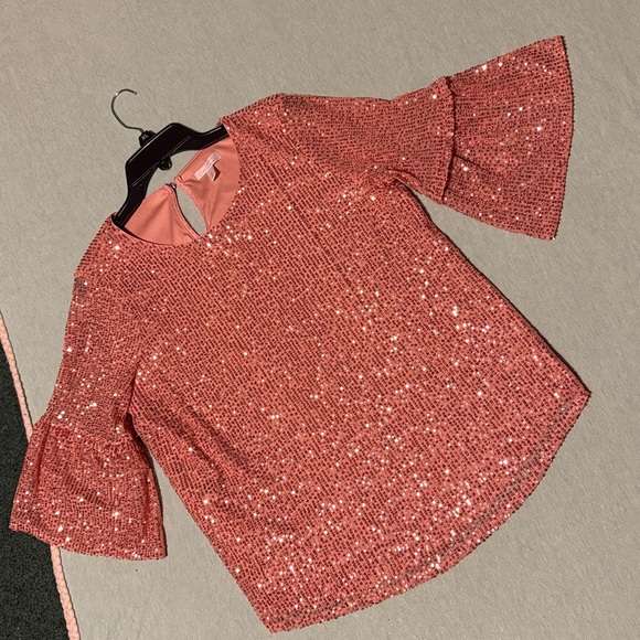 LC Lauren Conrad Sequin Balloon-Sleeve Top peach sequin size M keyhole back EUC - Picture 11 of 11